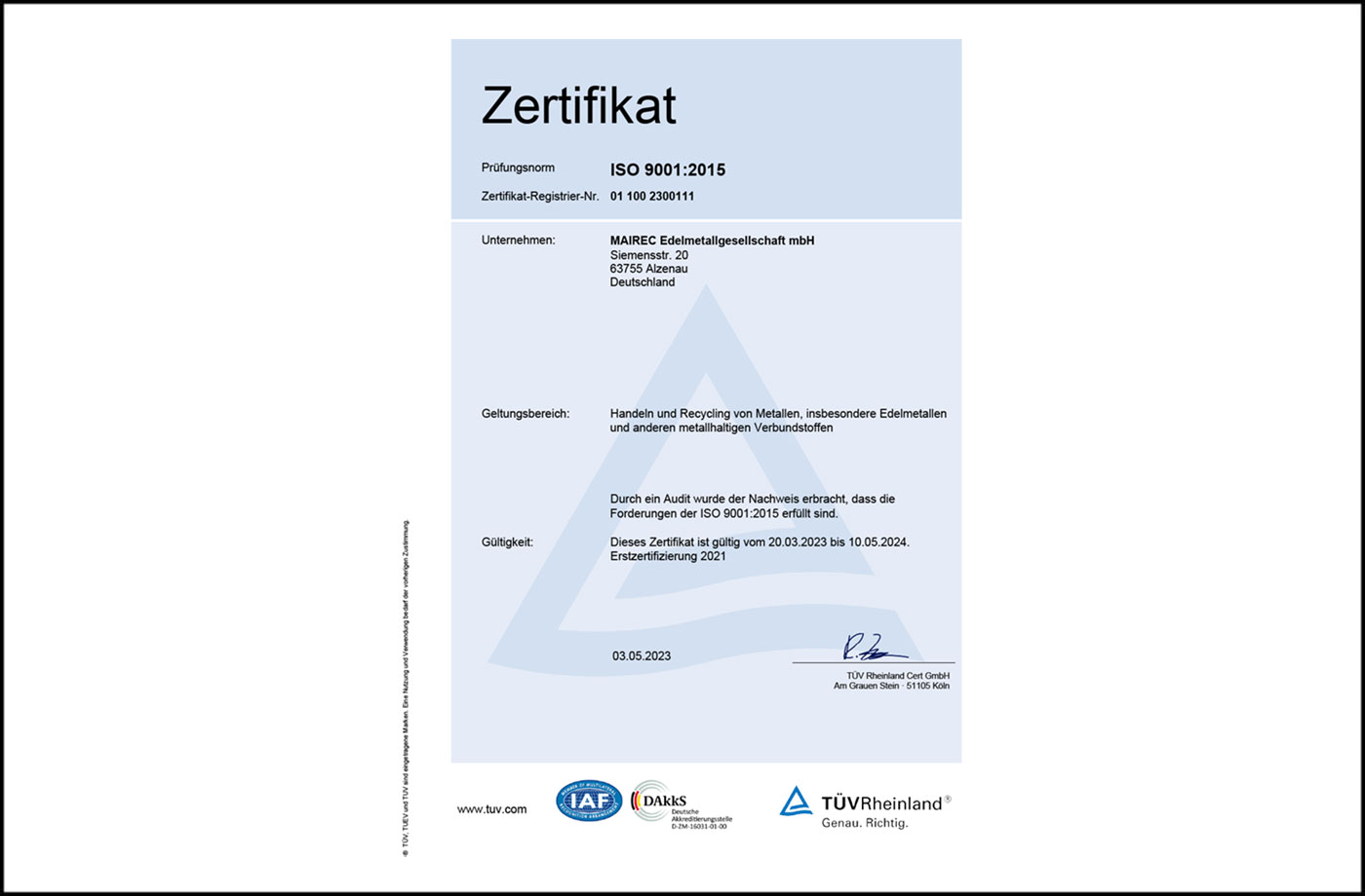 mairec edelmetall precious metal recycling zertifikat ISO 9001 deutsch