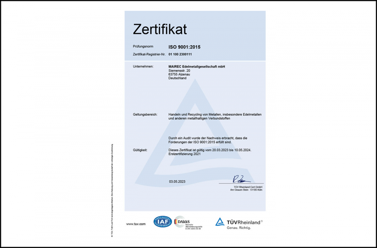 mairec edelmetall precious metal recycling zertifikat iso 50001 certificate deutsch